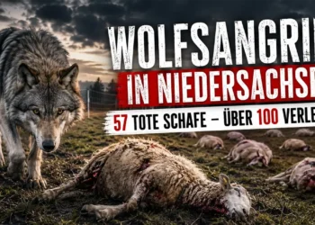 Wolfsangriff Niedersachsen: Ein Wolf steht vor mehreren gerissenen Schafen auf einer Weide nach einem schweren Wolfsriss in Niedersachsen.