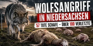 Wolfsangriff Niedersachsen: Ein Wolf steht vor mehreren gerissenen Schafen auf einer Weide nach einem schweren Wolfsriss in Niedersachsen.
