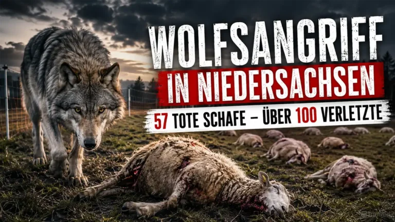 Wolfsangriff Niedersachsen: Ein Wolf steht vor mehreren gerissenen Schafen auf einer Weide nach einem schweren Wolfsriss in Niedersachsen.