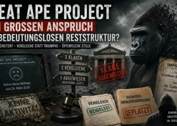 Great Ape Project Deutschland Analyse – düsteres Titelbild über den Niedergang des Great Ape Project mit Gerichtsakten, Gorilla und zerfallender Bewegung.