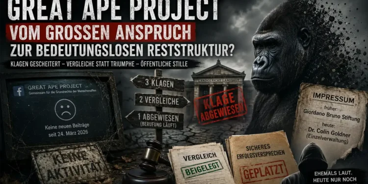 Great Ape Project Deutschland Analyse – düsteres Titelbild über den Niedergang des Great Ape Project mit Gerichtsakten, Gorilla und zerfallender Bewegung.