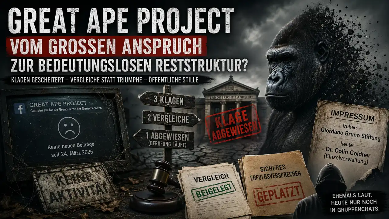Great Ape Project Deutschland Analyse – düsteres Titelbild über den Niedergang des Great Ape Project mit Gerichtsakten, Gorilla und zerfallender Bewegung.