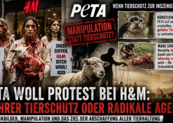 Blutige Woll-Proteste vor H&M: Wie glaubwürdig ist die nächste PETA-Kampagne wirklich? 13 Titelbild zum Artikel „PETA Woll Protest H&M“ mit blutverschmierten Aktivisten vor einem H&M-Geschäft und Kritik an PETA-Kampagnen.