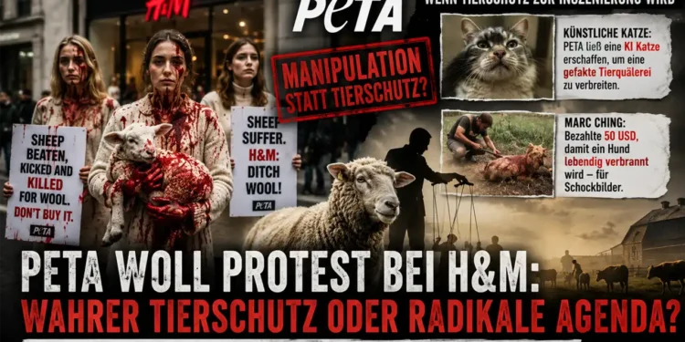 Titelbild zum Artikel „PETA Woll Protest H&M“ mit blutverschmierten Aktivisten vor einem H&M-Geschäft und Kritik an PETA-Kampagnen.