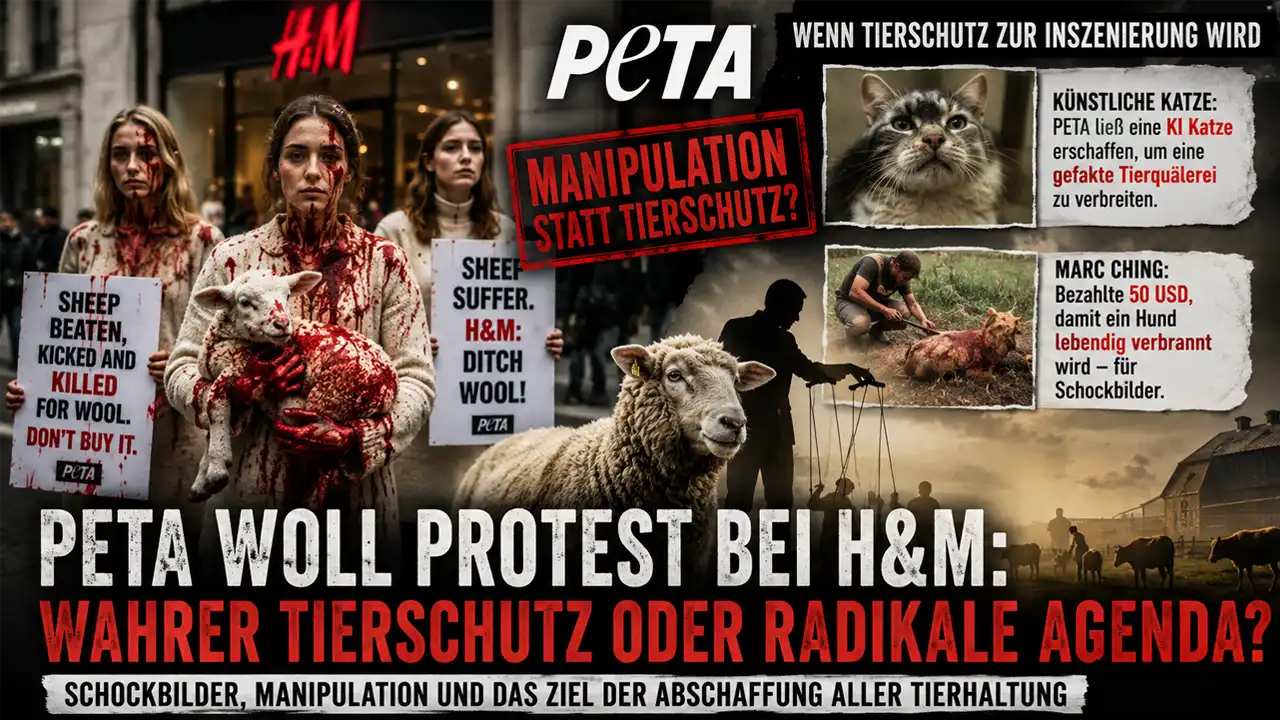 Titelbild zum Artikel „PETA Woll Protest H&M“ mit blutverschmierten Aktivisten vor einem H&M-Geschäft und Kritik an PETA-Kampagnen.