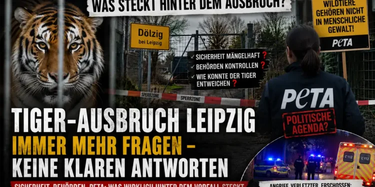 Tiger-Ausbruch bei Leipzig: Immer mehr Fragen zur Haltung und Sicherheit der Anlage 11 Tiger-Ausbruch Leipzig: Titelbild mit Tiger hinter Gittern, Polizeieinsatz und Fragen zur Sicherheit der privaten Wildtierhaltung.