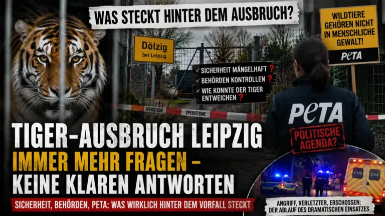 Tiger-Ausbruch Leipzig: Titelbild mit Tiger hinter Gittern, Polizeieinsatz und Fragen zur Sicherheit der privaten Wildtierhaltung.