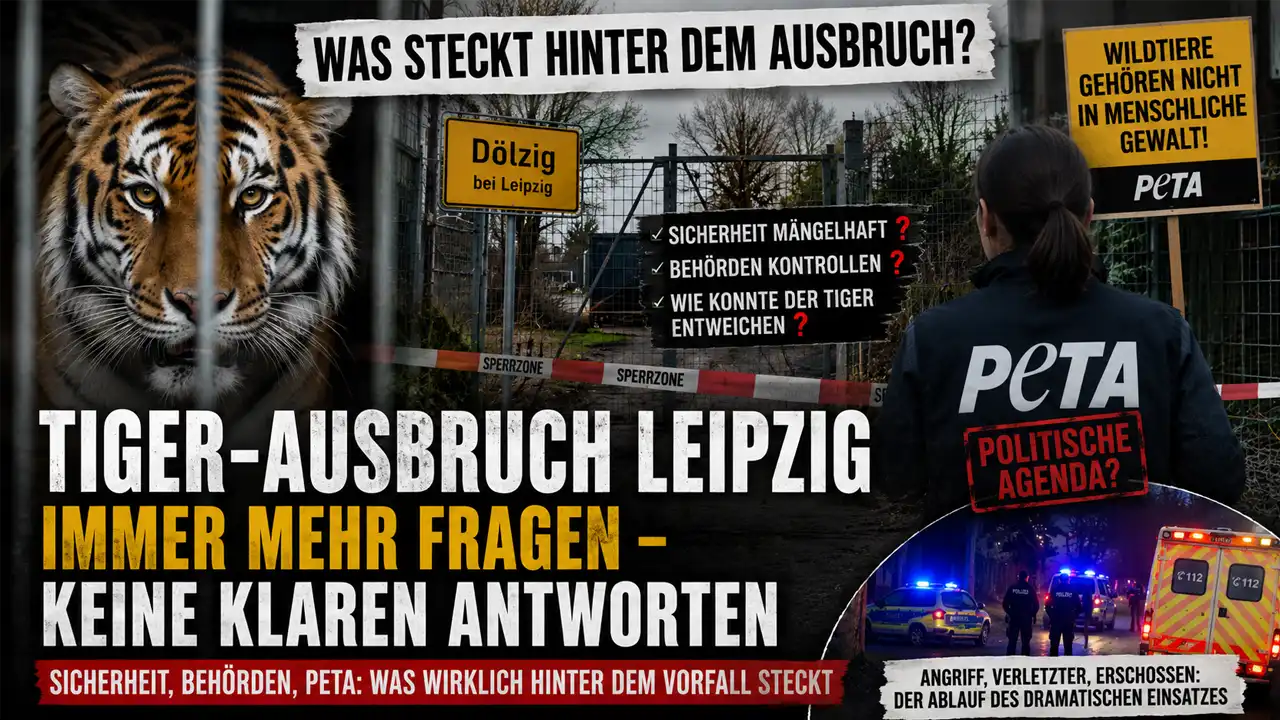 Tiger-Ausbruch Leipzig: Titelbild mit Tiger hinter Gittern, Polizeieinsatz und Fragen zur Sicherheit der privaten Wildtierhaltung.