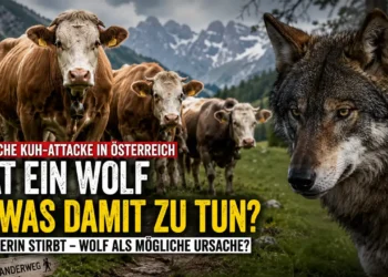 Tödliche Kuh-Attacke in Österreich: Trägt ein Wolf Mitschuld an der Tragödie? 12 Titelbild zum Artikel „Wolf Mitschuld Kuh Attacke Österreich“ mit aggressiver Kuhherde und Wolf in alpiner Berglandschaft.
