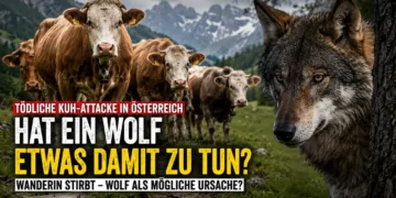 Tödliche Kuh-Attacke in Österreich: Trägt ein Wolf Mitschuld an der Tragödie? 20 Titelbild zum Artikel „Wolf Mitschuld Kuh Attacke Österreich“ mit aggressiver Kuhherde und Wolf in alpiner Berglandschaft.