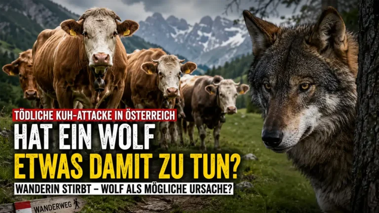 Titelbild zum Artikel „Wolf Mitschuld Kuh Attacke Österreich“ mit aggressiver Kuhherde und Wolf in alpiner Berglandschaft.