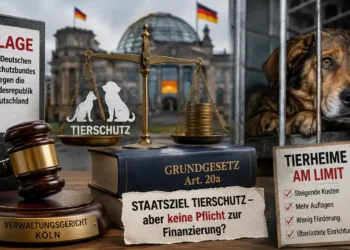 Deutscher Tierschutzbund Klage Bund: Symbolisches Titelbild mit Verwaltungsgericht, Grundgesetz Artikel 20a, Tierheimhund hinter Gittern und Justizwaage zur Debatte um Bundesmittel für Tierheime.