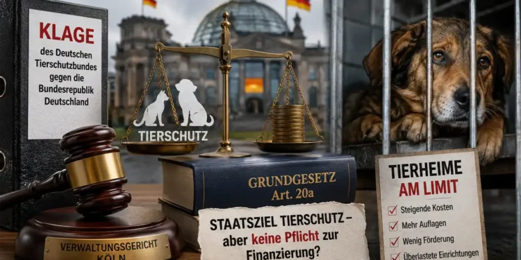 Deutscher Tierschutzbund verklagt den Bund: Kampf für die Tierheime oder aussichtslose Symbolklage? 11 Deutscher Tierschutzbund Klage Bund: Symbolisches Titelbild mit Verwaltungsgericht, Grundgesetz Artikel 20a, Tierheimhund hinter Gittern und Justizwaage zur Debatte um Bundesmittel für Tierheime.