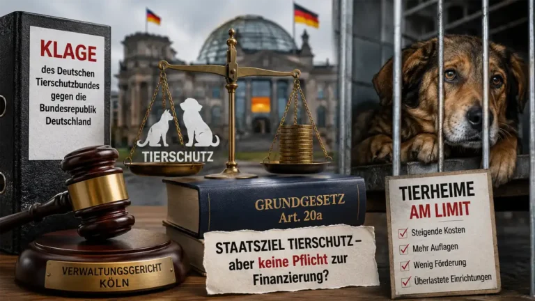 Deutscher Tierschutzbund Klage Bund: Symbolisches Titelbild mit Verwaltungsgericht, Grundgesetz Artikel 20a, Tierheimhund hinter Gittern und Justizwaage zur Debatte um Bundesmittel für Tierheime.
