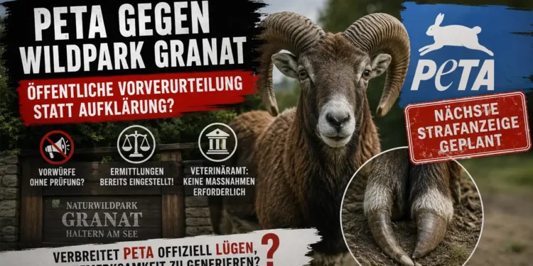 PETA Wildpark Granat Kritik: Titelbild mit Mufflon im Naturwildpark Granat und kritischer Darstellung der erneuten PETA-Vorwürfe.