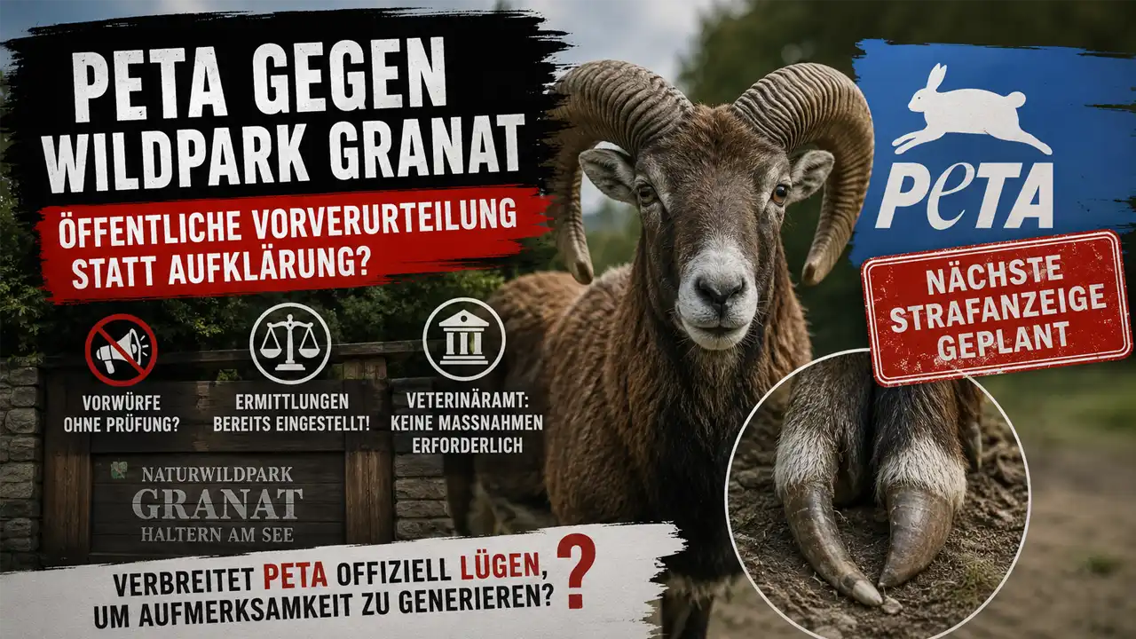 PETA gegen Wildpark Granat: Öffentliches Tribunal statt seriöser Aufklärung? 1 PETA Wildpark Granat Kritik: Titelbild mit Mufflon im Naturwildpark Granat und kritischer Darstellung der erneuten PETA-Vorwürfe.