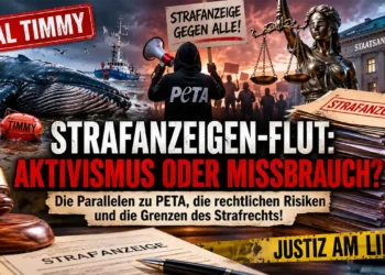 Titelbild zum Artikel Wal Timmy Strafanzeigen: Gestrandeter Wal, Aktenstapel, Justitia und Protestszene symbolisieren die Debatte um Aktivismus, Strafanzeigen und die Belastung der Justiz.
