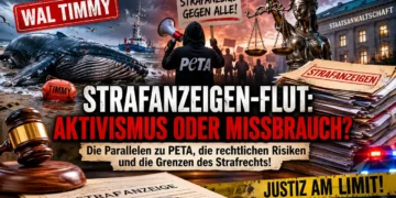 Wal Timmy und die Strafanzeigen-Flut: Wenn Aktivismus und Emotionen die Justiz beschäftigen 21 Titelbild zum Artikel Wal Timmy Strafanzeigen: Gestrandeter Wal, Aktenstapel, Justitia und Protestszene symbolisieren die Debatte um Aktivismus, Strafanzeigen und die Belastung der Justiz.