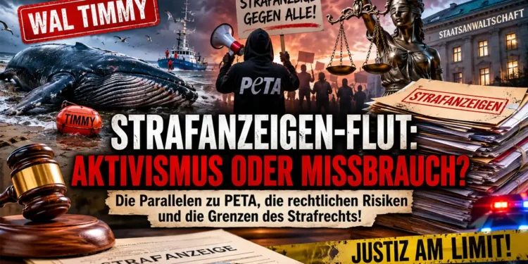 Titelbild zum Artikel Wal Timmy Strafanzeigen: Gestrandeter Wal, Aktenstapel, Justitia und Protestszene symbolisieren die Debatte um Aktivismus, Strafanzeigen und die Belastung der Justiz.