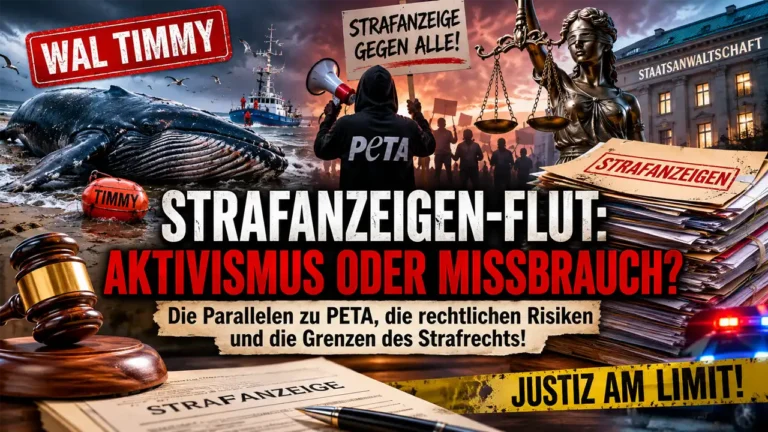 Titelbild zum Artikel Wal Timmy Strafanzeigen: Gestrandeter Wal, Aktenstapel, Justitia und Protestszene symbolisieren die Debatte um Aktivismus, Strafanzeigen und die Belastung der Justiz.