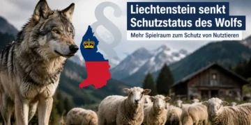 Liechtenstein folgt Nachbarländern: Wolf verliert Sonderstatus – mehr Spielraum zum Schutz von Nutztieren 19 Wolf vor einer Schafherde in den Alpen mit Liechtenstein-Karte im Hintergrund. Das Bild symbolisiert die Debatte um den Wolf Schutzstatus Liechtenstein und den Schutz von Nutztieren.