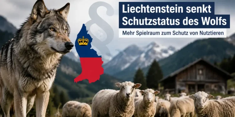 Wolf vor einer Schafherde in den Alpen mit Liechtenstein-Karte im Hintergrund. Das Bild symbolisiert die Debatte um den Wolf Schutzstatus Liechtenstein und den Schutz von Nutztieren.