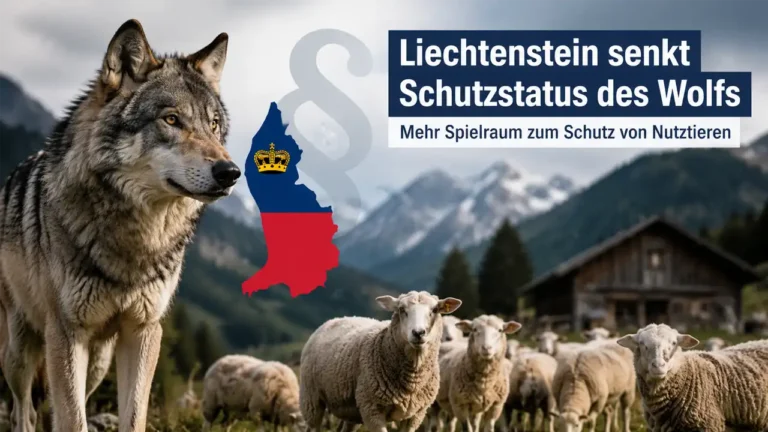Wolf vor einer Schafherde in den Alpen mit Liechtenstein-Karte im Hintergrund. Das Bild symbolisiert die Debatte um den Wolf Schutzstatus Liechtenstein und den Schutz von Nutztieren.