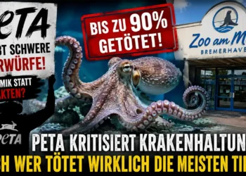 Titelbild zum Thema PETA Krakenhaltung Zoo am Meer: Ein Krake steht im Mittelpunkt, während PETA Vorwürfe gegen den Zoo am Meer in Bremerhaven erhebt. Das Bild stellt die Kritik an der Krakenhaltung der Debatte um die hohe Zahl getöteter Tiere bei PETA gegenüber.