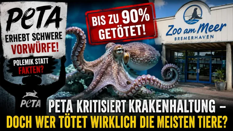 Titelbild zum Thema PETA Krakenhaltung Zoo am Meer: Ein Krake steht im Mittelpunkt, während PETA Vorwürfe gegen den Zoo am Meer in Bremerhaven erhebt. Das Bild stellt die Kritik an der Krakenhaltung der Debatte um die hohe Zahl getöteter Tiere bei PETA gegenüber.