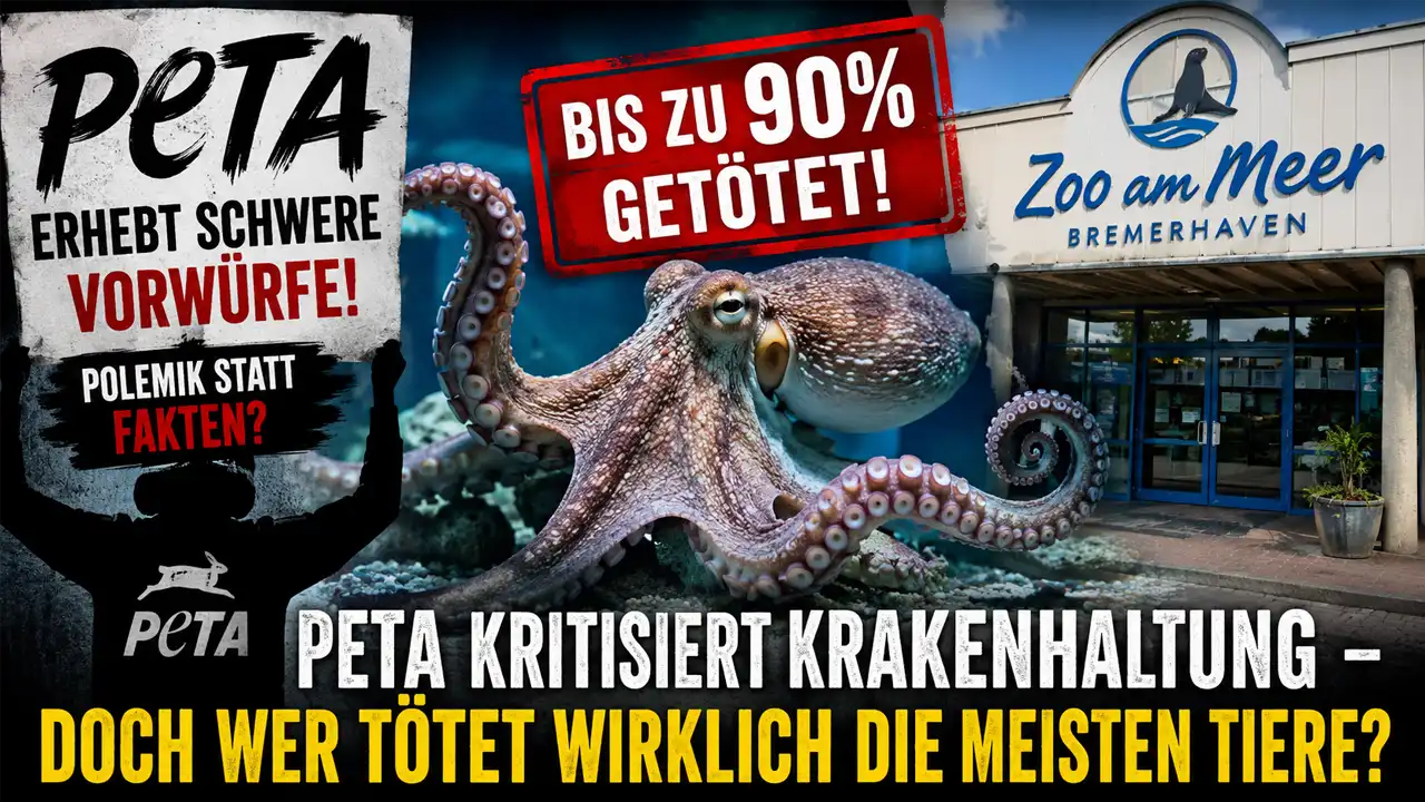 Titelbild zum Thema PETA Krakenhaltung Zoo am Meer: Ein Krake steht im Mittelpunkt, während PETA Vorwürfe gegen den Zoo am Meer in Bremerhaven erhebt. Das Bild stellt die Kritik an der Krakenhaltung der Debatte um die hohe Zahl getöteter Tiere bei PETA gegenüber.