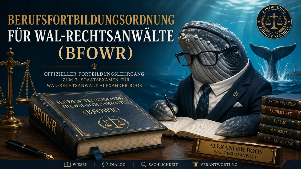 Berufsfortbildungsordnung für Wal-Rechtsanwälte (BFOWR) 1 Berufsfortbildungsordnung für Wal-Rechtsanwälte (BFOWR): Ein als Rechtsanwalt dargestellter Wal sitzt im Anzug an einem Schreibtisch vor einem großen Gesetzbuch. Juristische Symbole wie Waage, Fachbücher und ein offizielles Siegel unterstreichen den satirischen Fortbildungscharakter des Bildes.
