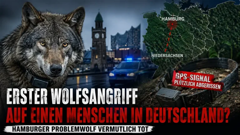 Wolfsangriff auf Menschen: Ein mit GPS-Halsband ausgestatteter Wolf vor Hamburger Stadtkulisse. Das Signal ist abgerissen, der Problemwolf gilt als vermutlich tot.