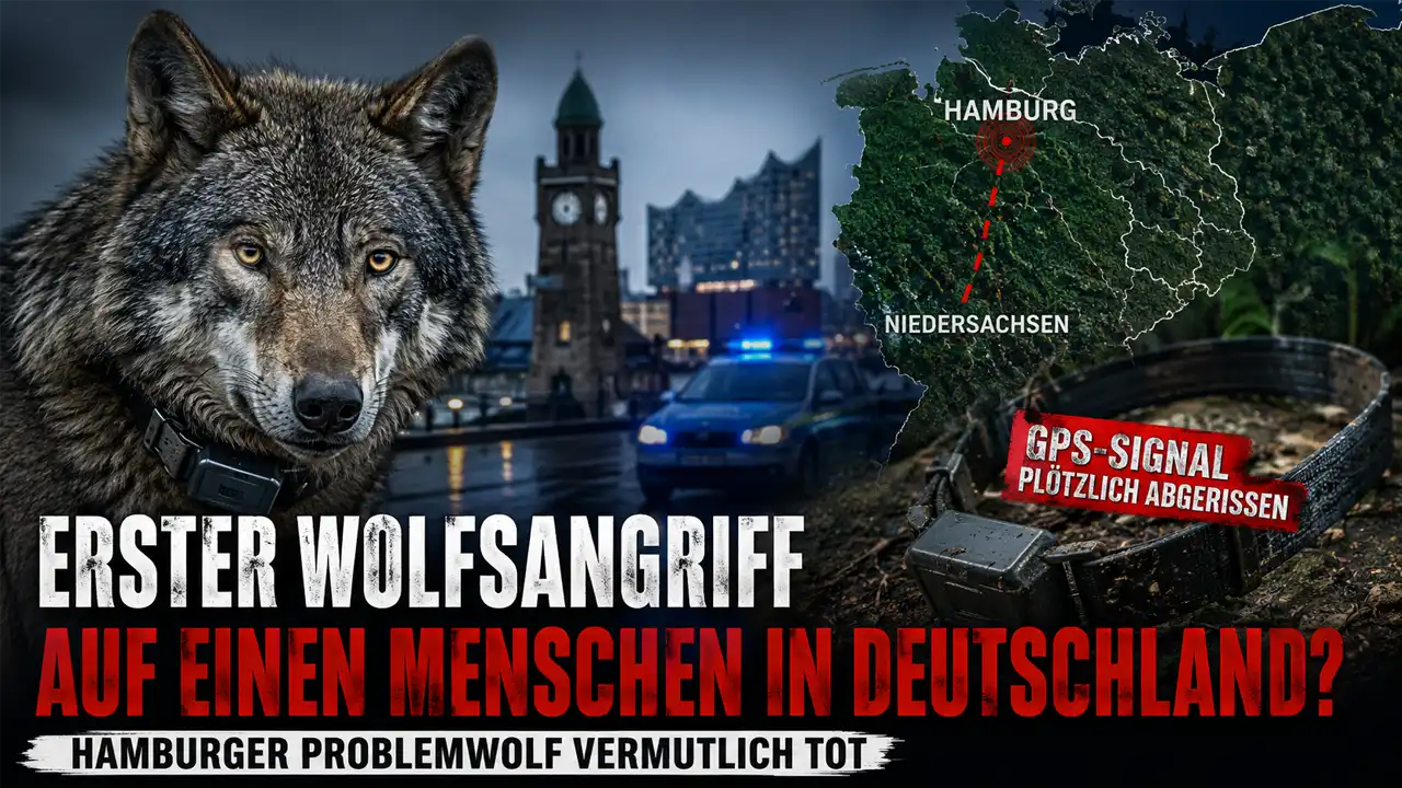 Wolfsangriff auf Menschen: Ein mit GPS-Halsband ausgestatteter Wolf vor Hamburger Stadtkulisse. Das Signal ist abgerissen, der Problemwolf gilt als vermutlich tot.