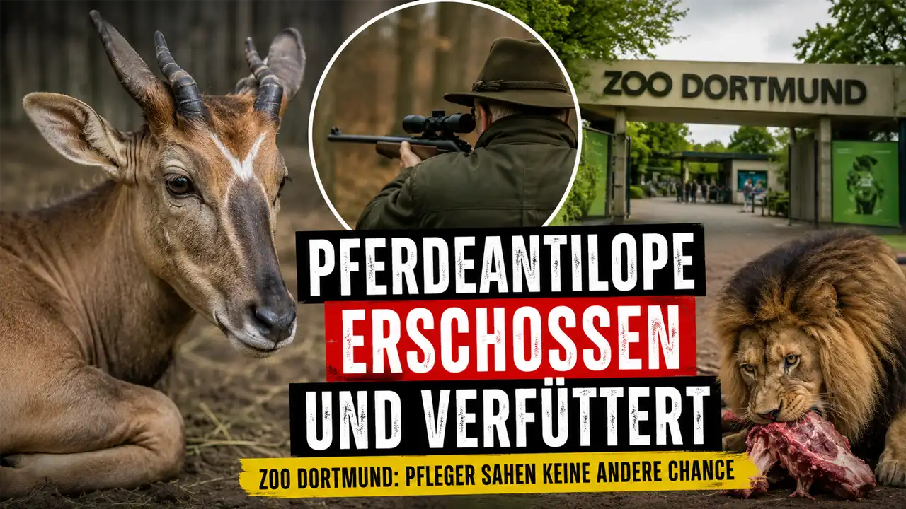 Pferdeantilope im Zoo Dortmund erschossen und verfüttert – Warum der Fall für Diskussionen sorgt 1 Pferdeantilope Zoo Dortmund: Symbolbild zeigt eine Pferdeantilope, einen Jäger und einen Löwen im Zusammenhang mit der Verfütterung eines verstorbenen Zootieres.