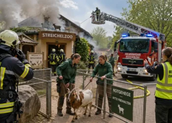 Feuerwehr probt den Ernstfall im Zoo Magdeburg: Evakuierung zwischen Ziegen, Besuchern und Einsatzkräften 13 Die Feuerwehrübung Zoo Magdeburg zeigt Feuerwehrkräfte, Zoo-Mitarbeiter und evakuierte Tiere während eines simulierten Brandes im Bereich des Streichelzoos.