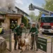 Die Feuerwehrübung Zoo Magdeburg zeigt Feuerwehrkräfte, Zoo-Mitarbeiter und evakuierte Tiere während eines simulierten Brandes im Bereich des Streichelzoos.