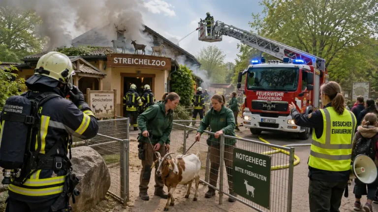 Die Feuerwehrübung Zoo Magdeburg zeigt Feuerwehrkräfte, Zoo-Mitarbeiter und evakuierte Tiere während eines simulierten Brandes im Bereich des Streichelzoos.