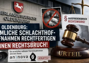 OLG Oldenburg setzt deutliches Signal: Heimliche Schlachthof-Aufnahmen rechtfertigen keinen Rechtsbruch 12 Das OLG Oldenburg Urteil stärkt Eigentumsrechte und den Rechtsstaat: Richterhammer vor Gerichtsgebäude, Symbolbild zu heimlichen Schlachthof-Aufnahmen und Hausfriedensbruch.
