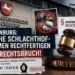 Das OLG Oldenburg Urteil stärkt Eigentumsrechte und den Rechtsstaat: Richterhammer vor Gerichtsgebäude, Symbolbild zu heimlichen Schlachthof-Aufnahmen und Hausfriedensbruch.