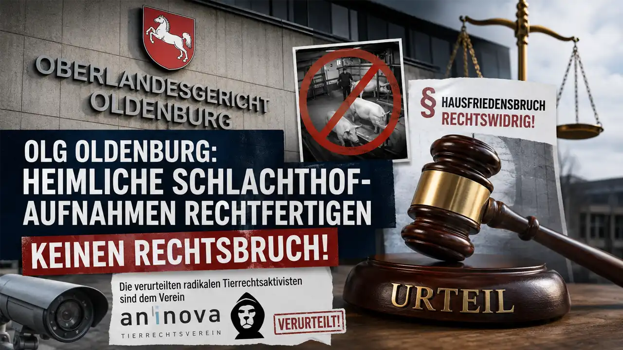 Das OLG Oldenburg Urteil stärkt Eigentumsrechte und den Rechtsstaat: Richterhammer vor Gerichtsgebäude, Symbolbild zu heimlichen Schlachthof-Aufnahmen und Hausfriedensbruch.