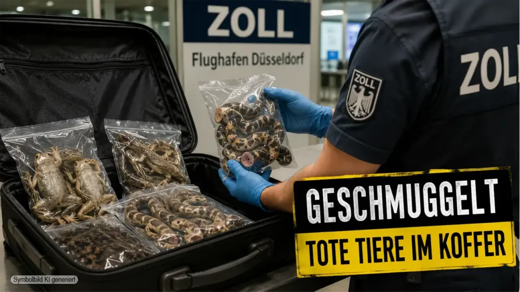 Zollbeamte kontrollieren am Flughafen Düsseldorf einen geöffneten Koffer mit sichergestellten Fröschen, Schlangen, Geckos und Insekten aus Thailand.