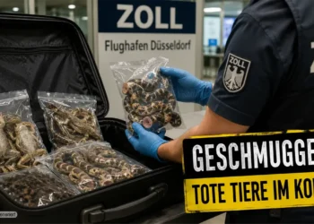 Frau mit Fröschen und Schlangen im Koffer gestoppt – Zoll beschlagnahmt 3,2 Kilogramm tote Tiere am Flughafen Düsseldorf 26 Zollbeamte kontrollieren am Flughafen Düsseldorf einen geöffneten Koffer mit sichergestellten Fröschen, Schlangen, Geckos und Insekten aus Thailand.