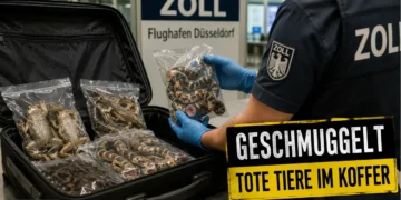 Frau mit Fröschen und Schlangen im Koffer gestoppt – Zoll beschlagnahmt 3,2 Kilogramm tote Tiere am Flughafen Düsseldorf 21 Zollbeamte kontrollieren am Flughafen Düsseldorf einen geöffneten Koffer mit sichergestellten Fröschen, Schlangen, Geckos und Insekten aus Thailand.