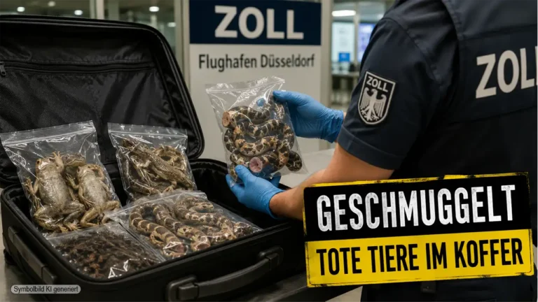 Zollbeamte kontrollieren am Flughafen Düsseldorf einen geöffneten Koffer mit sichergestellten Fröschen, Schlangen, Geckos und Insekten aus Thailand.