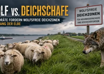 Deichschafe auf einem Elbdeich stehen einem Wolf gegenüber. Das Bild symbolisiert die Debatte um wolfsfreie Deichzonen zum Schutz von Deichschäfereien und Hochwasserschutz.