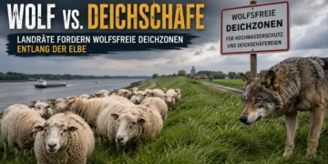 Deichschafe auf einem Elbdeich stehen einem Wolf gegenüber. Das Bild symbolisiert die Debatte um wolfsfreie Deichzonen zum Schutz von Deichschäfereien und Hochwasserschutz.