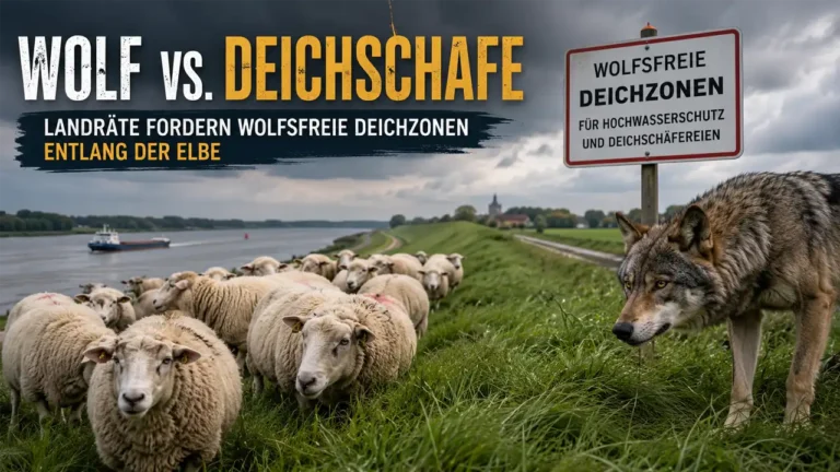 Deichschafe auf einem Elbdeich stehen einem Wolf gegenüber. Das Bild symbolisiert die Debatte um wolfsfreie Deichzonen zum Schutz von Deichschäfereien und Hochwasserschutz.