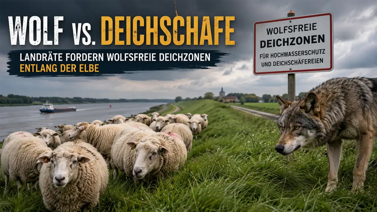 Landräte fordern wolfsfreie Deichzonen an der Elbe – wächst der politische Druck auf den Wolf? 1 Deichschafe auf einem Elbdeich stehen einem Wolf gegenüber. Das Bild symbolisiert die Debatte um wolfsfreie Deichzonen zum Schutz von Deichschäfereien und Hochwasserschutz.
