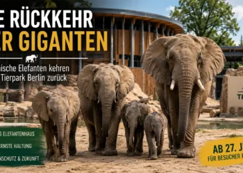 Afrikanische Elefanten Tierpark Berlin: Eine Elefantenfamilie mit erwachsenen Tieren und Jungtieren steht vor dem modernisierten Elefantenhaus im Tierpark Berlin.
