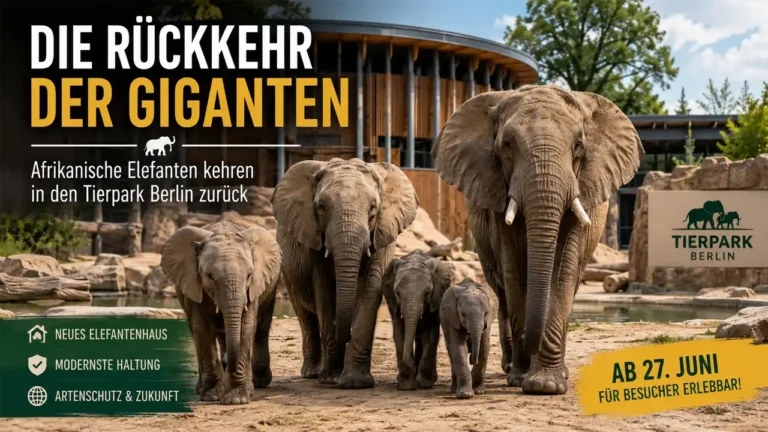 Afrikanische Elefanten Tierpark Berlin: Eine Elefantenfamilie mit erwachsenen Tieren und Jungtieren steht vor dem modernisierten Elefantenhaus im Tierpark Berlin.